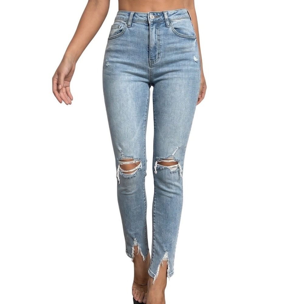 Moussy Vintage Skinny Jeans‎ Women 25 Light Blue Excellent Distressed Step Hem